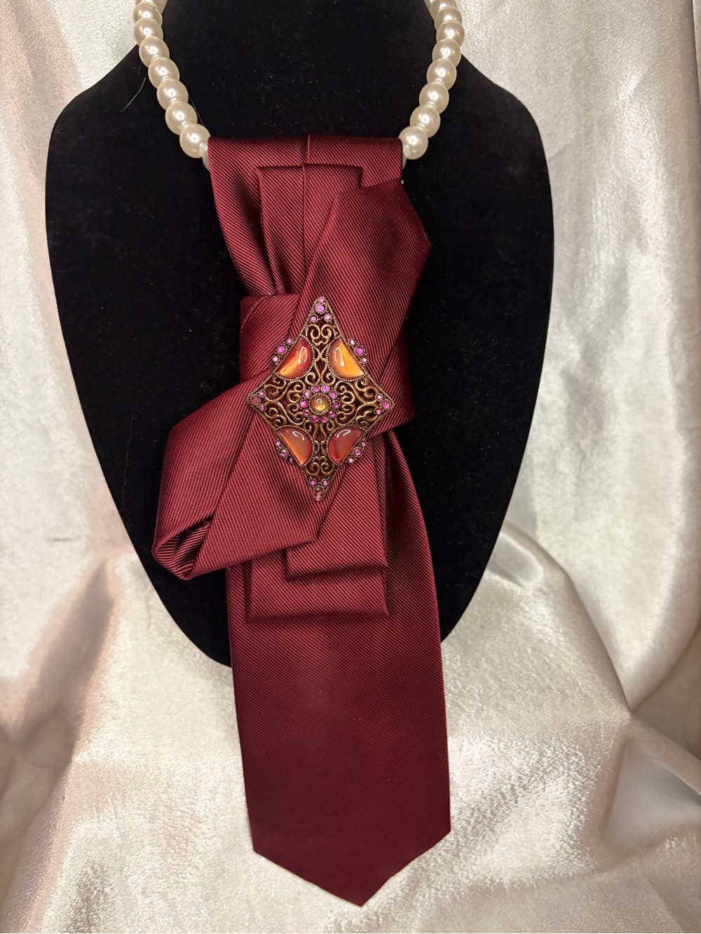Jos. A. Bank Burgundy Decorative Necklace Tie with Ornate Brooch